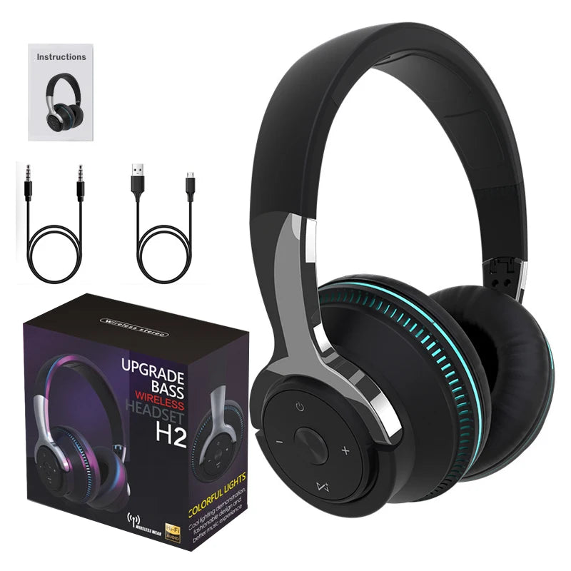 Bluetooth Headphones Head-mounted Noise Reduction Wireless Headset for Phones PC Gaming Headsets Heavy Bass  Colorful LED Lights