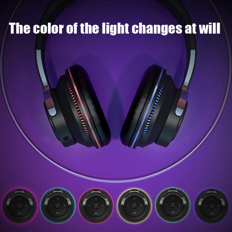 Bluetooth Headphones Head-mounted Noise Reduction Wireless Headset for Phones PC Gaming Headsets Heavy Bass  Colorful LED Lights
