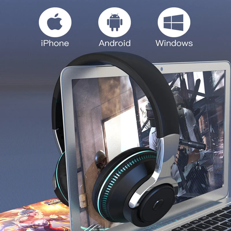 Bluetooth Headphones Head-mounted Noise Reduction Wireless Headset for Phones PC Gaming Headsets Heavy Bass  Colorful LED Lights