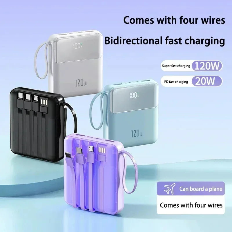 Portable 120W Super Fast Charging Power Bank 50000mAh Large Capacity External Battery with Four Cable Charger