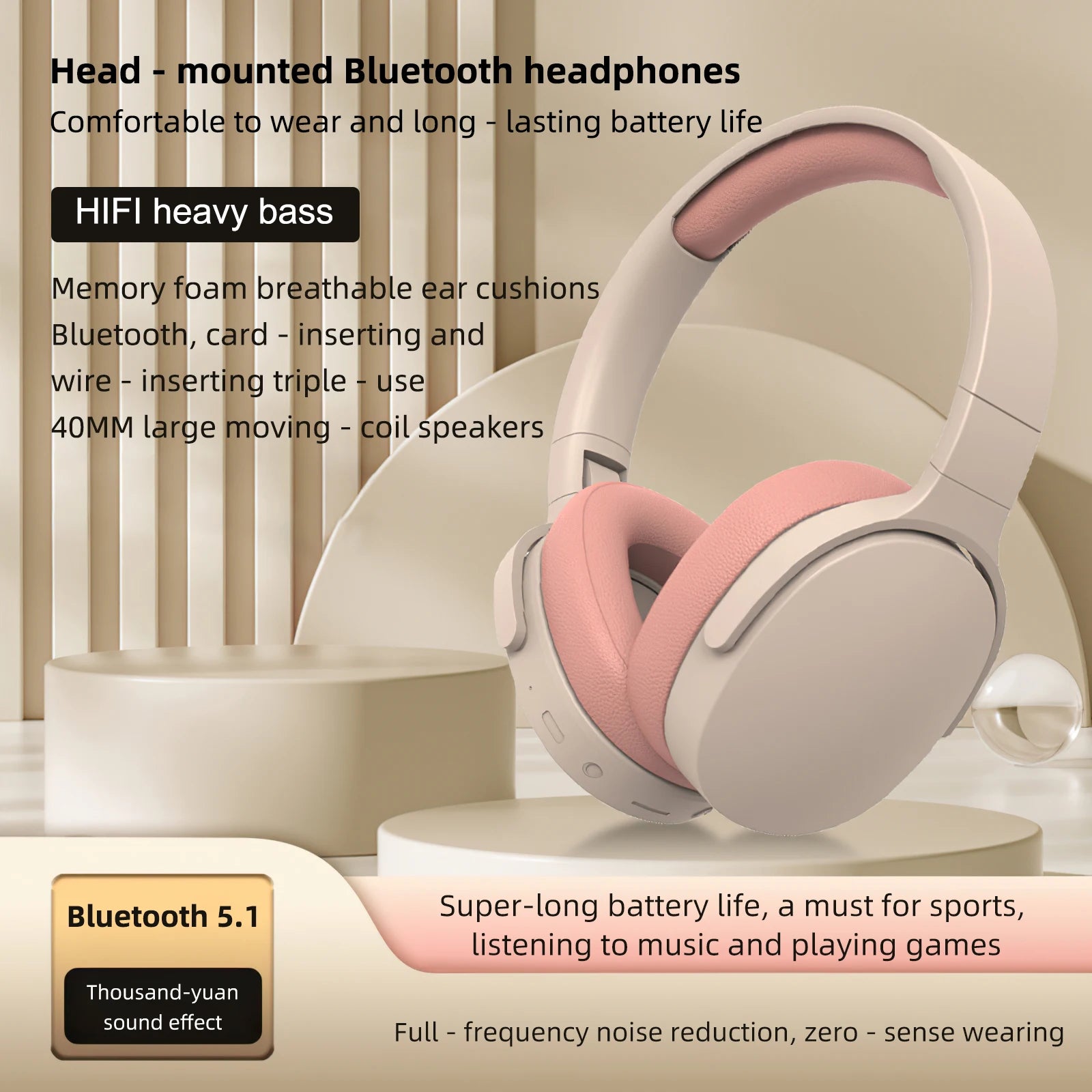 Wireless Headphones Bluetooth 5.1 Over Ear HiFi Stereo Headset - Thumbnail 2