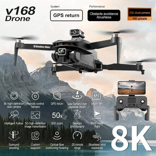 New V168 Drone Professinal Three Camera 8K Wide Angle Optical GPS Localization Four-way Obstacle Avoidance Quadcopter