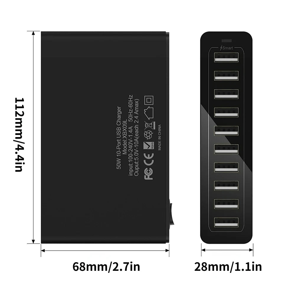 10-Port 60W Fast Charging USB Power Charger Hub Multi-Port Chargefor iPad, iPhone Other USB Devices