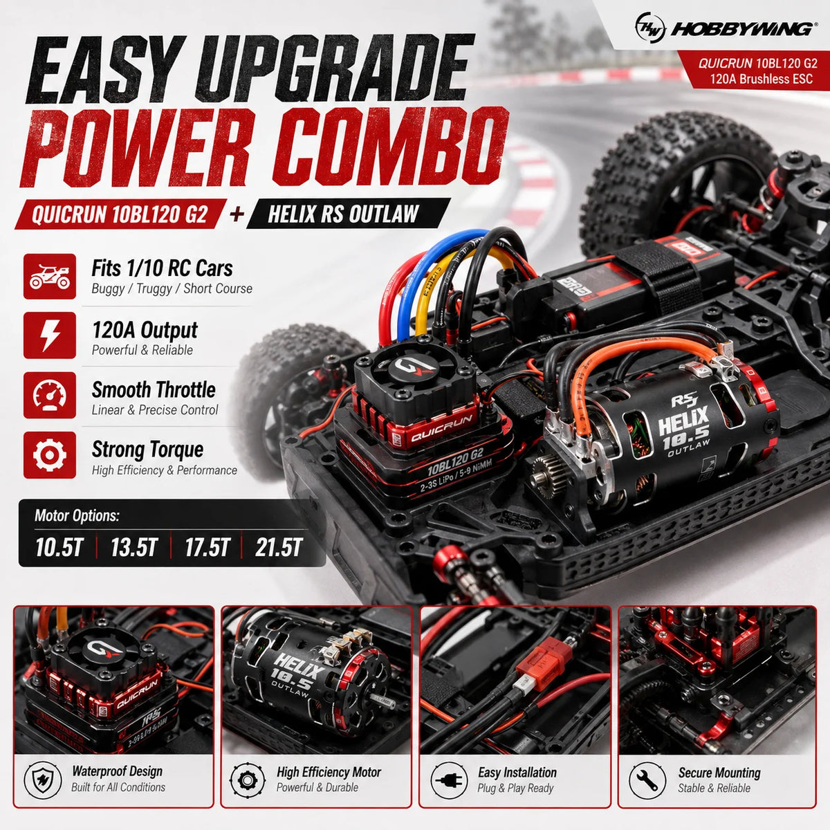 HOBBYWING QUICRUN G2 120A ESC & 540 Motor Brushless 10.5T/13.5T/17.5T/21.5T OUTLAW Version for 1/10 RC Racing Drift Off‑Road Car