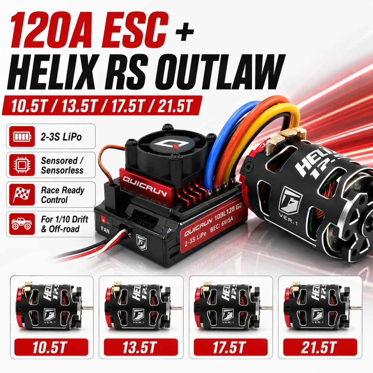 HOBBYWING QUICRUN G2 120A ESC & 540 Motor Brushless 10.5T/13.5T/17.5T/21.5T OUTLAW Version for 1/10 RC Racing Drift Off‑Road Car