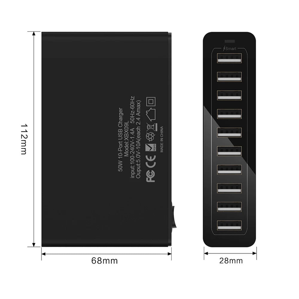 10-Port 60W Fast Charging USB Power Charger Hub Multi-Port Chargefor iPad, iPhone Other USB Devices