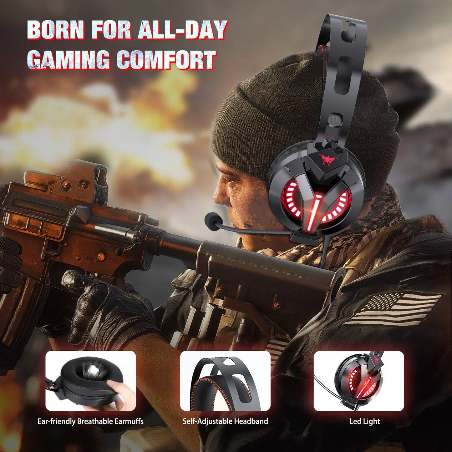 Wired Gaming Headphones with RGB Light Surround Sound Stero Earphone with Mic Game Headset Gamer for PC PS4