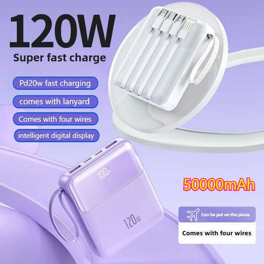 Portable 120W Super Fast Charging Power Bank 50000mAh Large Capacity External Battery with Four Cable Charger
