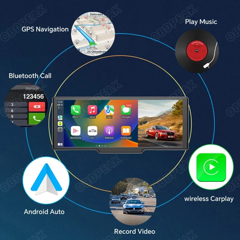 OBDPEAK T20 10.26" Dash Cam  Rearview Camera Carplay & Android Auto Smart Player  GPS Navigation Car DVR FM Mirror Monitor