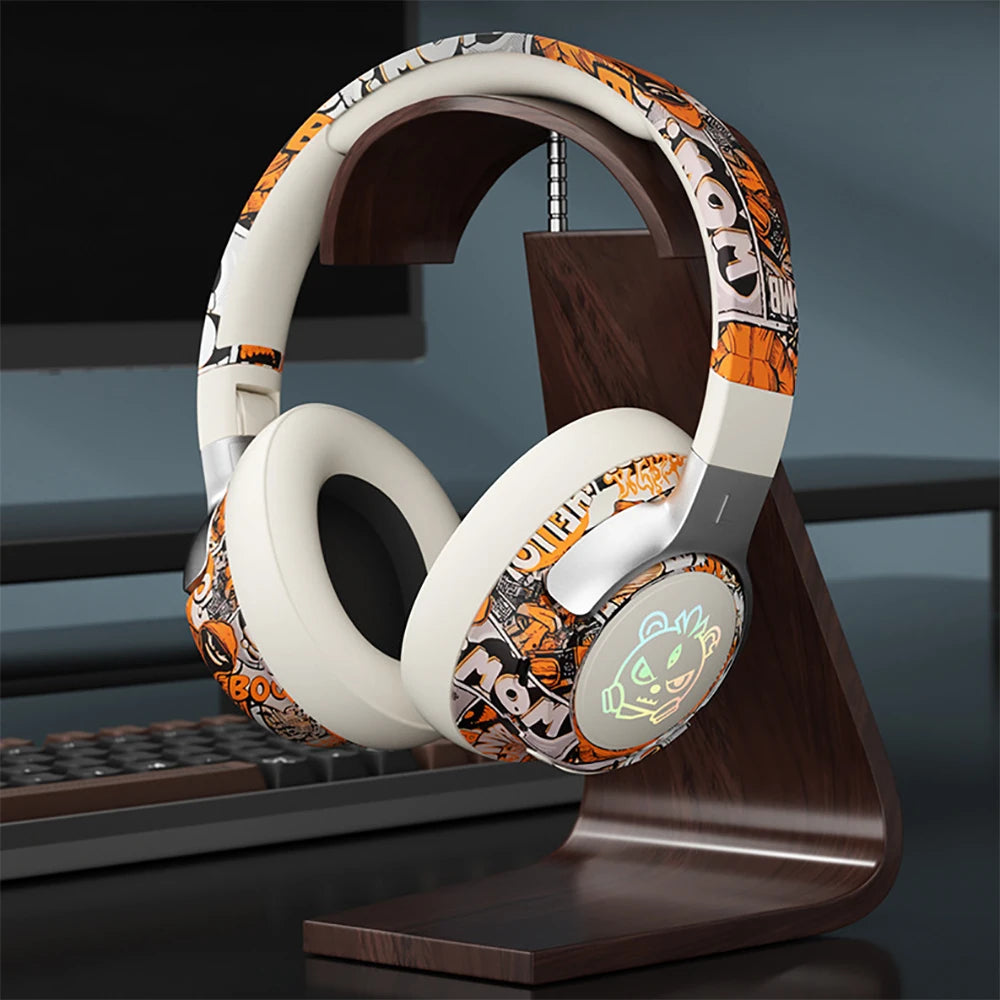Bluetooth 5.3 Gaming Headset- RGB Lights Wireless Headphones, Low Latency Mode, Noise Cancelling Mic, Comfort Earmuffs for PC