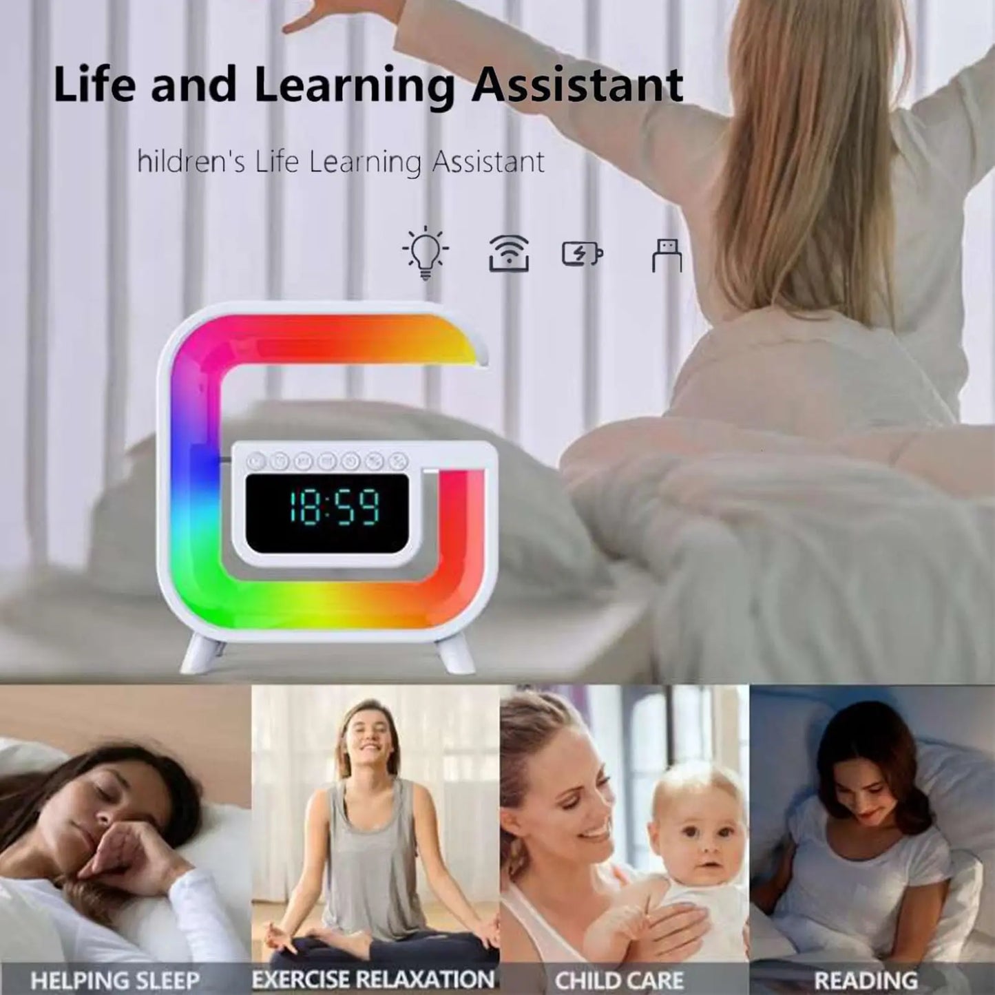 COLSUR Bluetooth Speaker Alarm Clock Wireless Charger Led Moon Lamp Music Home Decor Night Table Smart Light