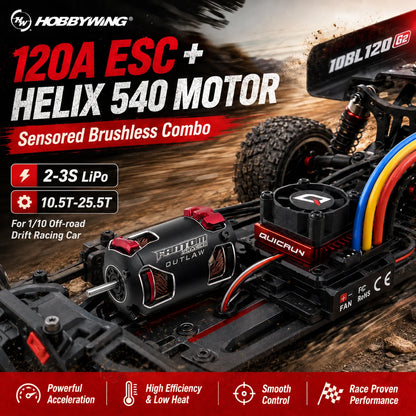 HOBBYWING QUICRUN G2 120A ESC & 540 Motor Brushless 10.5T/13.5T/17.5T/21.5T OUTLAW Version for 1/10 RC Racing Drift Off‑Road Car