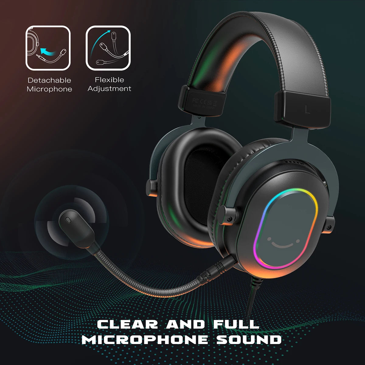 Dynamic RGB Gaming Headset with Mic Over-Ear Headphones 7.1 Surround Sound PC PS4 PS5 3 EQ Options Game Movie Music