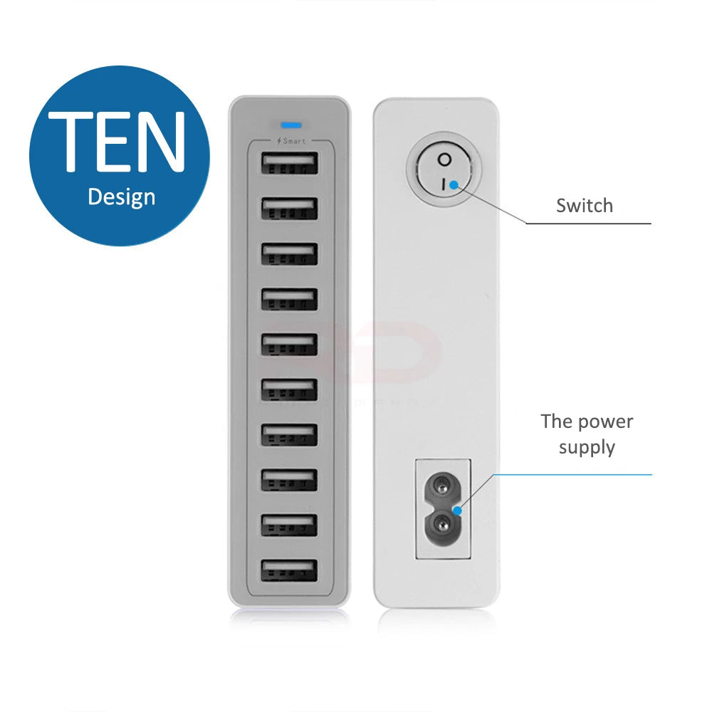 10-Port 60W Fast Charging USB Power Charger Hub Multi-Port Chargefor iPad, iPhone Other USB Devices