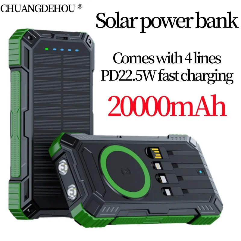 Portable Solar Power Bank Fast Charging 20000Mah Large Capacity, Wireless